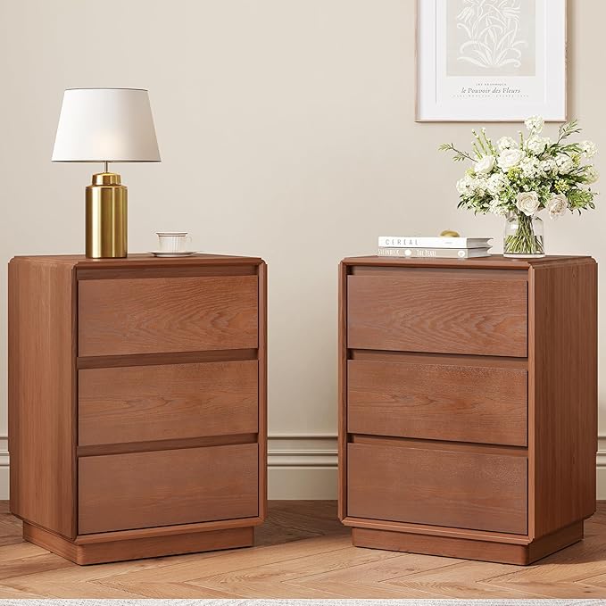 Solid Wood Nightstand Set of 2, Natural Wood Night Stand with 3 Drawers, Mid Century Modern Nightstand with Storage, Bedside Table for Bedroom, Office, Brown