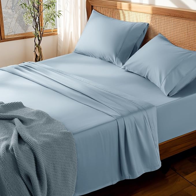 LBRO2M 100% Cotton Sheets Set Deep Pocket 19", 1000 Thread Count California King Size 4 Piece Bed Sheet Sets Soft Comfortable Bedding All Season (California King, French Blue)