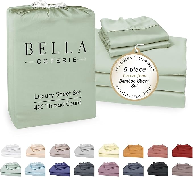 Bella Coterie Luxury Bamboo Viscose Split King Size Sheet Set | 2 Fitted Sheets for Sleep Number & Adjustable Beds | 100% Organically Grown | Cooling & Ultra Soft | 18” Deep Pocket [Sea Glass]