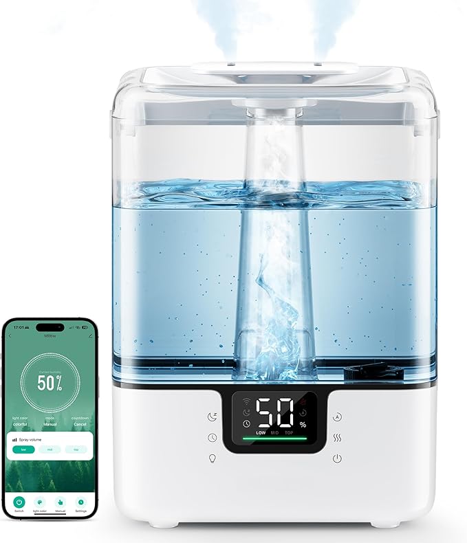 Smart Humidifiers for Bedroom Home, 6L Cool Mist Top Fill Humidifier Large Room with Essential Oil Diffuser, Touch/APP/Voice Control, NightLight Humidifiers for Nursery & Plants (White, 1Pack)