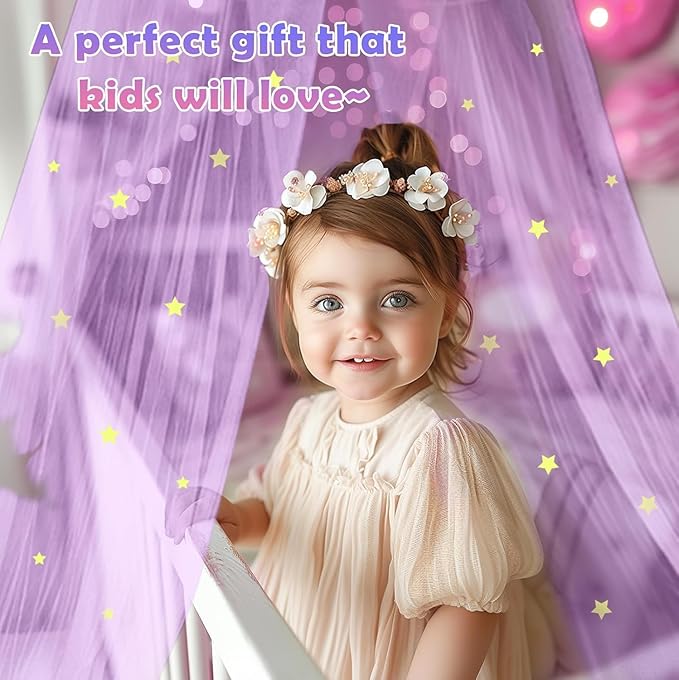 Purple Princess Bed Canopy for Girls with Glowing Stars, Canopy Bed Curtains for Twin, Full, and Queen Sizes; Ceiling Tent for Reading Nooks, Mosquito Net for Indoor Room Decor and Outdoor Use