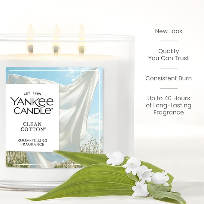 Yankee Candle Clean Cotton, Fall Scented Candle, 14.5oz 3-Wick Candle Jar with up to 40 Hours Burn Time, Giftable
