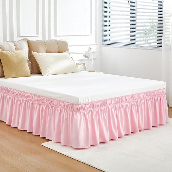 RIMELA Bed Skirt Full Size 15 Inch Drop, Elastic Bed Skirting for Adjustable Bed Base and Frame, Bedding Dust Ruffle Easy to Install, Hotel Quality Wrap Around Bedskirt (Pink)
