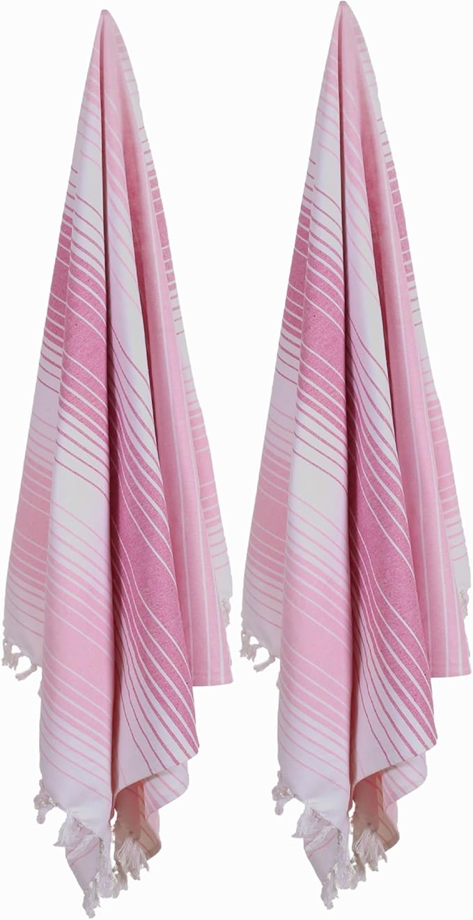Native Fab 100% Cotton Peshtemal Turkish Bath and Beach Towels Set of 2, Large 40x71 Travel Sarong Gym Pool Spa Towels, Ultra Soft Quick Dry Absorbent Fouta Hammam Peshtemal Towels Pink