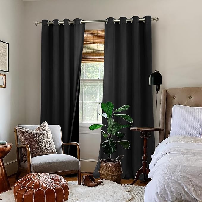 BGment 100% Blackout Curtains 108 Inch Long 2 Panles Set, Thermal Insulated Total Light Locking Soundproof Grommet Curtains & Drapes for Living Room with Black Liner, 52 Inch Wide Each, Black