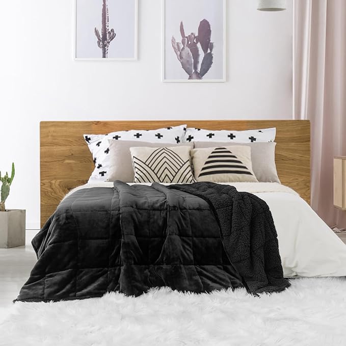 Sivio Weighted Blanket for Adult, 15 lbs Sherpa Heavy Throw with Fleece Reversible, Queen Size, Weighted Blanket for Men and Women Deep Sleeping, 60 x 80Inches Dual Sided Black