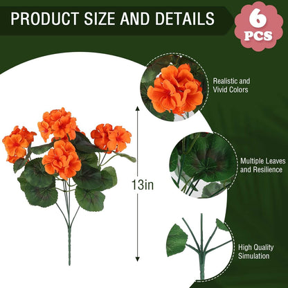 Hananona 6 Bundles Artificial Geranium Flowers for Outdoors Orange Silk Geranium Flowers Outdoor UV Resistant Plants Faux Fall Flower for Home Kitchen Autumn Table Centerpieces Decor (6, Orange)