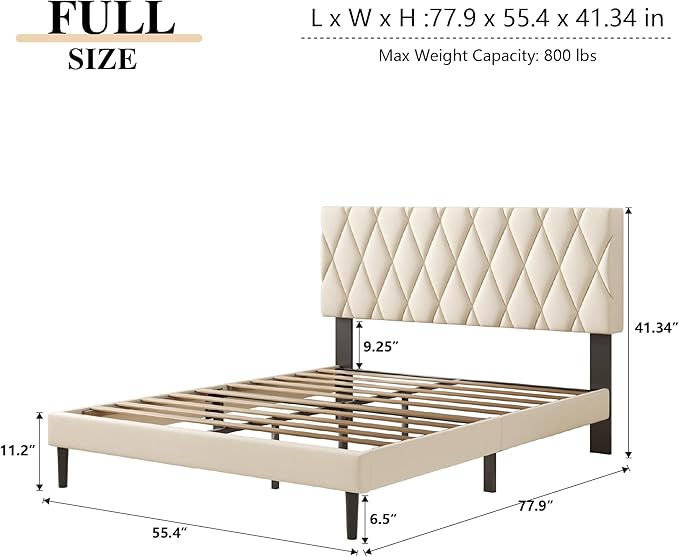 Full Size Bed Frame with Diamond Tufted Headboard, Velvet Upholstered Platform Bed and Wooden Slat Support, Noise-Free, No Box Spring Needed, Easy Assembly, Beige