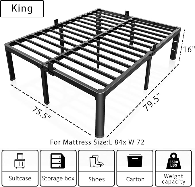 ROIL 16 Inch King Bed Frame with Rounded Corner and Headboard Hole Mattress Retainers 3500LBS Metal Heavy Duty Steel Slats No Box Spring Needed Platform Noise-Free Easy Assembly