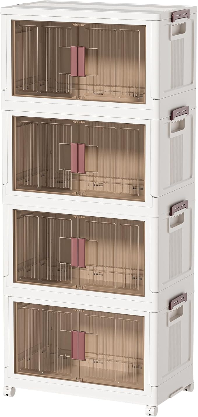 60GAL/240QT 4 tier large stackable storage bins with lid and wheels, collapsible storage bins plastic with doors，suit for clothes, closet, home and office