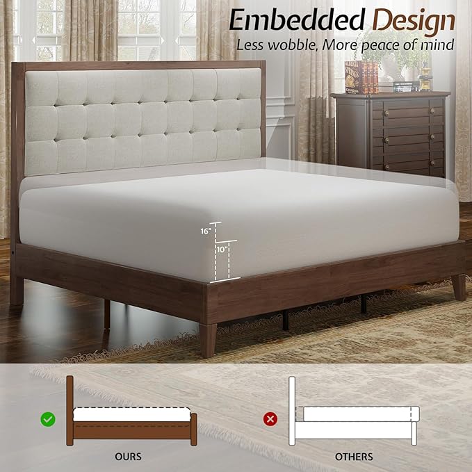 Jocisland Wood Queen Size Bed Frame,Tall Upholstered Tufted Headboard, Solid Wood Platform, No Box Spring Needed, Walnut
