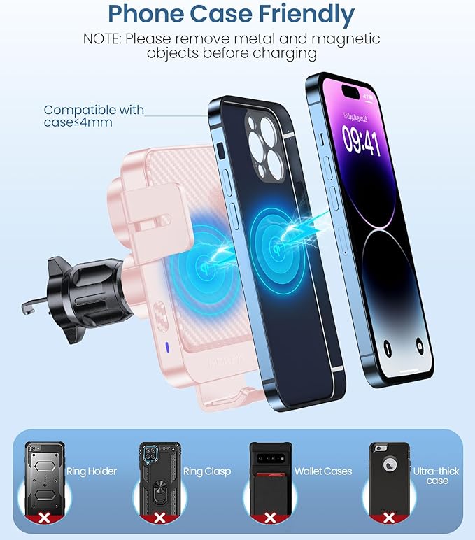 MOKPR Wireless Car Charger, 15W Fast Charging Auto-Clamping Car Mount Hands-Free Car Charger Mount for Dash Windshield Air Vent Compatible with iPhone 16 15/14/13/12, Samsung S23/S22/S21 Pink