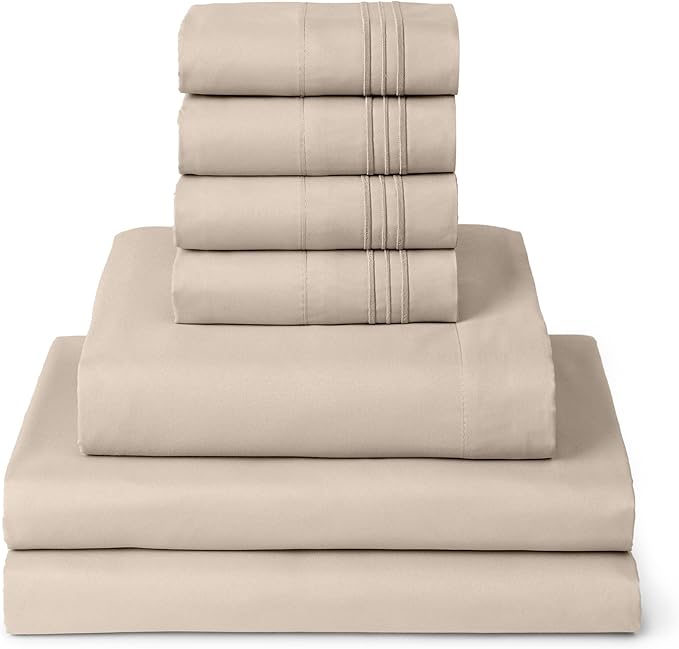 Mellanni Split King Sheet Set - 7-Piece Iconic Collection Bedding, (Including 4 Pillowcases), 16-Inch Deep Pocket, Easy Care, Extra Soft, Cooling Sheets, Brushed Microfiber - Beige