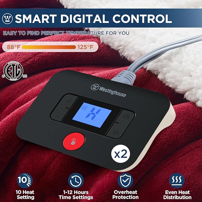 Westinghouse Electric Blanket Queen, Heated Blanket Queen Size with 10 Heating Levels and 1 to 12 Hours Heating Time Settings, Flannel to Sherpa Reversible, Machine Washable (84" x 90", Red)