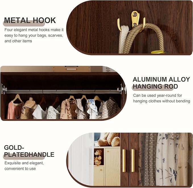 PAKASEPT 2 Doors Armoire Wardrobe Closet with Mirror,71'' Tall Freestanding Wooden Wardrobe Closet Farmhouse Storage Cabinet for Bedroom with Hanging Rod,Clothes Hook,Drawers,Hidden Bench,Retro Brown