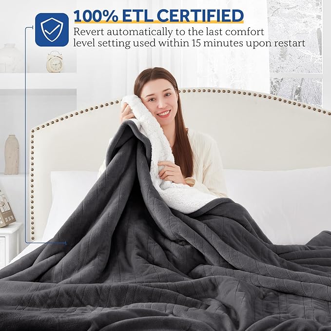 SEALY Electric Blanket Queen Size, Flannel & Sherpa Heated Blanket with 10 Heating Levels & 1-12 Hours Auto Shut Off, Machine Washable, Grey, 84 x 90 Inch
