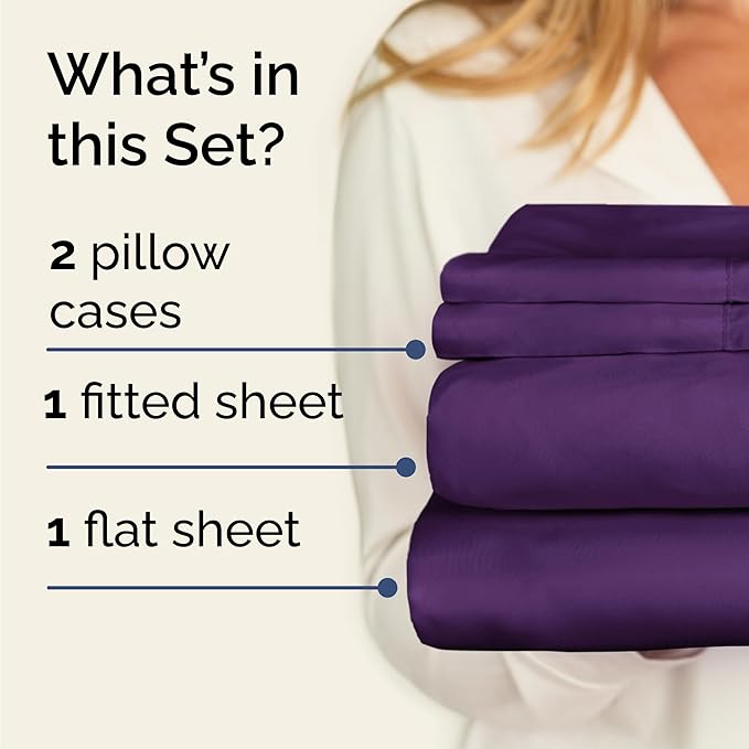 Twin 4 Piece Sheet Set - Cooling, Comfy & Breathable - Hotel Luxury Bedding, Includes Fitted Sheet for Women, Men, Kids and Teens - 1 Flat, 1 Fitted Sheet, 2 Pillowcases with Deep Pockets - Purple