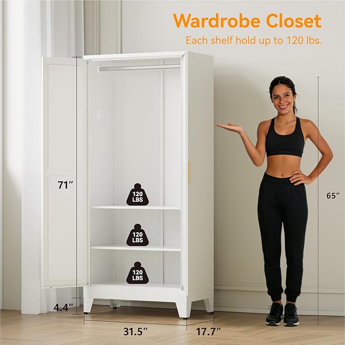 71" Tall Metal Armoire Wardrobe Closet with Removable Hanging Rod and Adjustable Shelves,White Armoire Wardrobe Cabinet for Bedroom Garage Laundry Room Office