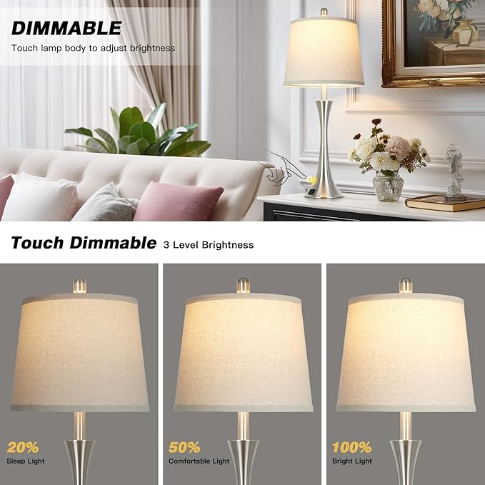 27.5" Silver Table Lamps Set of 2, Touch Bedside Lamps with USB C+A Ports, 3 Way Dimmable Nightstand Lamps for Bedroom, Living Room, Office, Silver Lamp with Beige Lampshade, Bulbs Included