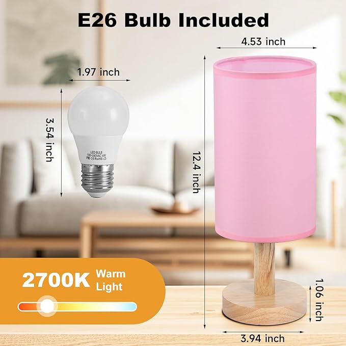 Pink Small Bedside Table Lamp for Bedroom,Natural Round Wood Base&Fabric Linen Shade,Cozy Night Table Light for Study Reading,Minimalist Boho Desk Lamp for Nightstand,Living Room,Nursery,Kitchen,Dorm