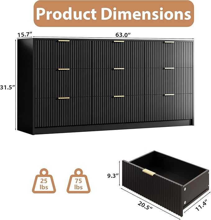 3-Piece Dresser Bedroom Set, 9 Drawer Dresser & 2 Drawer Nightstands with Gold Handles, Fluted Wood Chest of Drawers for Bedroom, Living Room, Entryway, Black