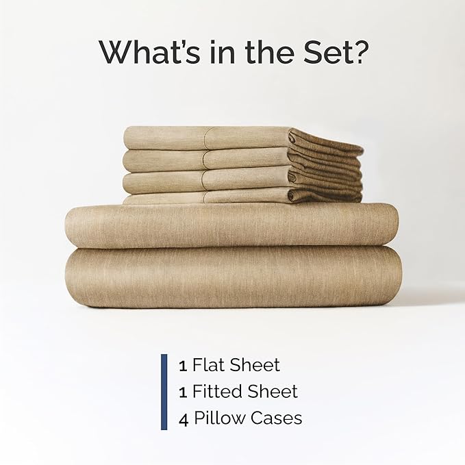 Queen 6 Piece Sheet Set - Cooling & Breathable - Hotel Luxury Bedding, Includes Fitted Sheet for Women, Men, Kids and Teens - 1 Flat, 1 Fitted Sheet, 4 Pillowcases with Deep Pockets - Heathered Tan