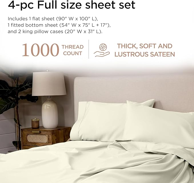 Threadmill Luxury Supima Cotton Sheets, Luxury 1200 Thread Count Soft 100% Cotton Sheets for Full Size Bed, 4 Pc Ivory Bed Sheets Full Set, 5-Star Hotel Quality Deep Pocket Bed Sheets Set
