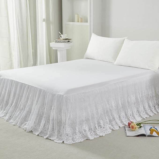Brandream Luxury White Lace Bed Skirt King Size 18 Inch Drop Split Corners Romantic Bed Cover Dust Ruffle Bed Skirts