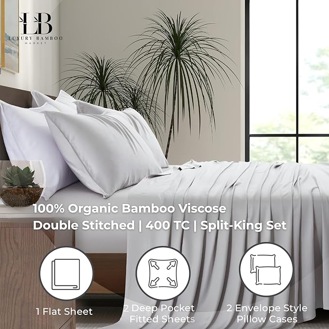 Split King Size Sheet Set | 2 Fitted Sheets for Sleep Number & Adjustable Beds | Organically Grown | Ultra Soft & Cooling |100% Viscose | 17" Deep Pocket [Dove Grey]
