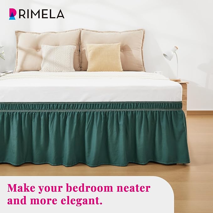 RIMELA Emerald Green Bed Skirt Queen Size 15 Inch Drop, Wrap Around Elastic Bedskirt, Dust Ruffle for Adjustable Bed Base Machine Washable Easy to Install Bed Skirts