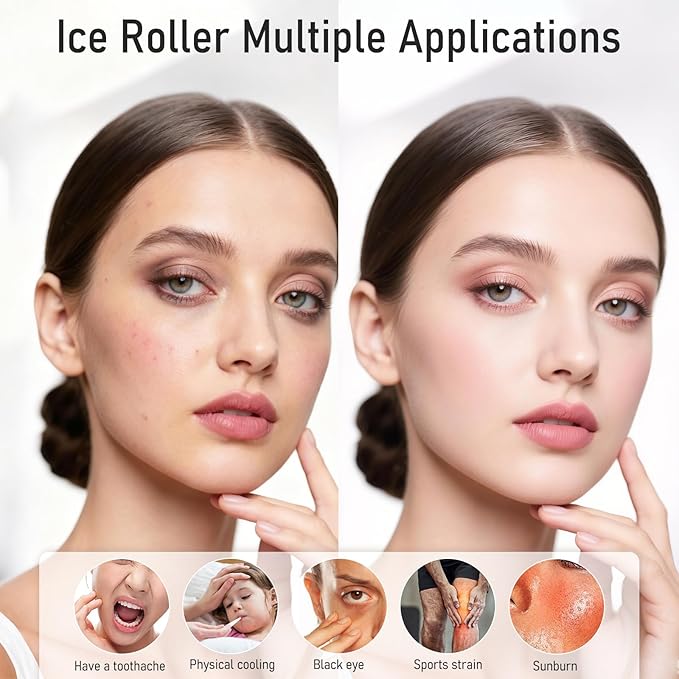 Ice Roller for Face Women Replaceble Rollers + Reusable 2 in 1 Silicone Facial Eyes Ice Cube Mold Set, Body Message Stick Holder for Reduce Puffiness Relief Shrink Pores Anti Wrinkle Skin Care, Pink