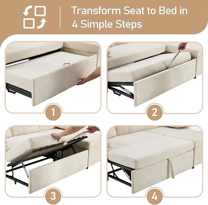 VINGLI Convertible Sofa Bed, U-Shape Sectional Couches for Living Room Sleeper Sofa with Pull Out Couch Bed Cloud-Like Plush Fleece Sofa Couch with Storage Chaise, USB Charging, Side Pockets
