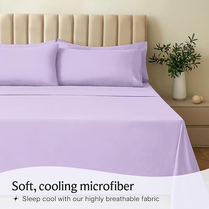 LuxClub 4 PC California King Sheet Set, Deep Pockets Wrinkle Free Cooling Bed Sheets Hotel Bedding for Women, Men, Includes 1 Fitted Sheet, 1 Flat Sheet and 2 Pillowcases-Lavender
