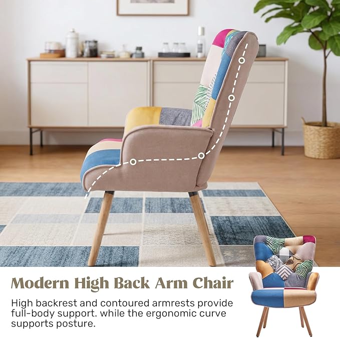 Joysoul Living Room Accent Chair Modern High Back Arm Chair, Colorful Plaid Bohemian Style Chairs for Bedroom Waiting Room
