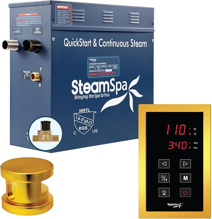 STEAMSPA 7.5kW Steam Sauna Generator Sentry Series 240V Steam Generator with Touch Screen, Steamhead, Built-in Steam Shower Auto Drain, ACU Quickstart Steam Bath Generator (Gold)