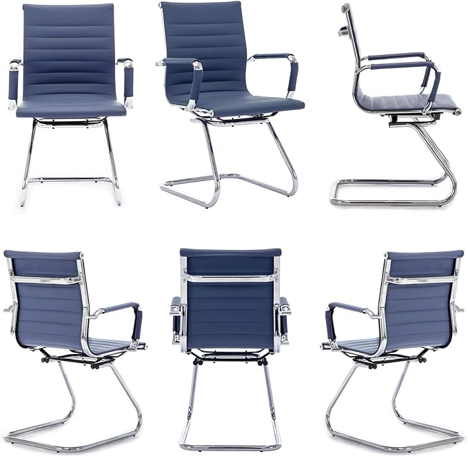 Wahson Office Guest Chairs Set of 2, Leather Reception Chairs, Mid Back Waiting Room Chair, Conference Chairs with Sled Base, Desk Chair No Wheels for Meeting/Lobby/Restroom, Navy Blue