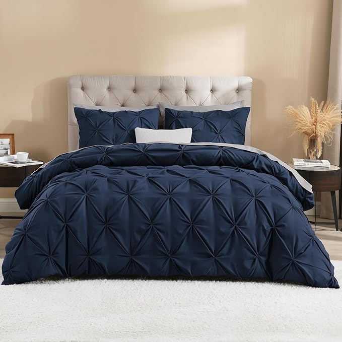 Litanika Navy Blue Pinch Pleat Duvet Cover King, 3 Pieces Pintuck Cover Soft Microfiber Bedding Set with Zipper Closure & Corner Ties(104x90Inch-1 Duvet Cover, 2 Pillowcases)