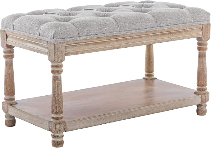 DUOMAY Farmhouse Tufted Storage Ottoman Bench with Shelf, 31.5" Width Linen Upholstered Entryway Shoe Ottoman Foot Stool for Bedroom Living Room Dining Room, Grey