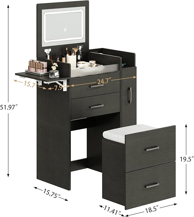 3 in 1 Vanity Desk with Flip Top Mirror, LED Lights, Side Cabinet,Collapsible Desk Panel, Hidden Stool with Storage, Small Makeup Vanity Table with Power Outlets, Compact Vanity, Black PT01DTB