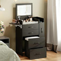 3 in 1 Vanity Desk with Flip Top Mirror, LED Lights, Side Cabinet,Collapsible Desk Panel, Hidden Stool with Storage, Small Makeup Vanity Table with Power Outlets, Compact Vanity, Black PT01DTB
