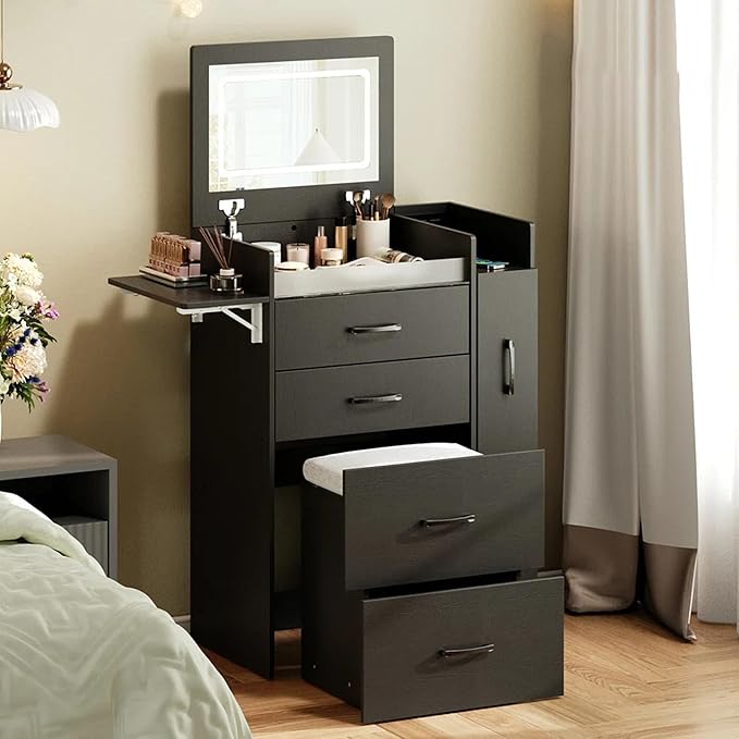 3 in 1 Vanity Desk with Flip Top Mirror, LED Lights, Side Cabinet,Collapsible Desk Panel, Hidden Stool with Storage, Small Makeup Vanity Table with Power Outlets, Compact Vanity, Black PT01DTB