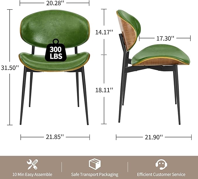 Art Leon Dining Chairs Set of 4, Walnut Bentwood, Mid Century Modern Chair, Green Faux Leather Kitchen Dining Room Chairs with Black Metal Legs, Accent Chairs for Bedroom