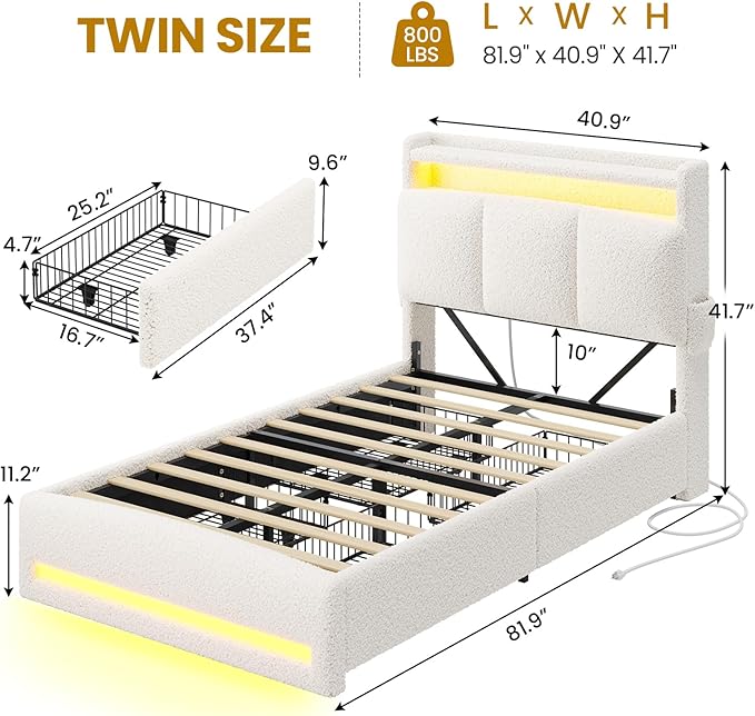 VIAGDO Twin Bed Frames with Storage Headboard and Charging Station, Boucle Upholstered Bed Frame Twin Size with 4 Drawers and LED Lights, Type C and USB, No Box Spring Needed, Cream White