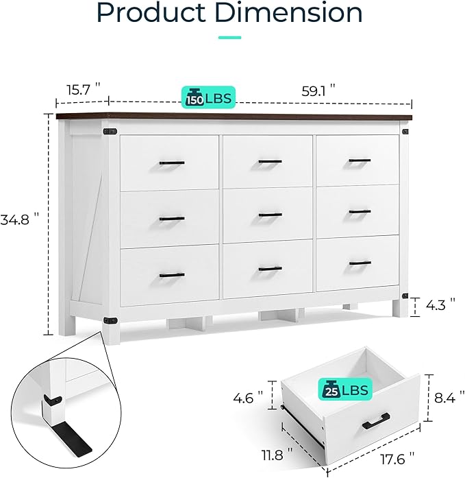 LINSY HOME Dresser for Bedroom with 9 Drawers, 59” Wide Chest with Deep Drawer, Modern Farmhouse Dresser TV Stand with Metal Handles, Wood Storage Cabinet for Closet, Living Room, Hallway, Off White