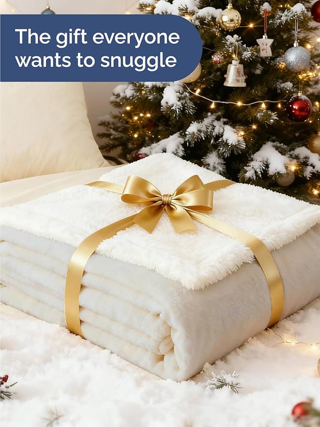 Sherpa Fleece Blanket Queen Size - Reversible Sherpa Fleece Queen Blanket - Super Soft Double Sided for Bed, Sofa, Couch - Thick, Warm, Fuzzy & Plush - Luxurious Bedding for Winter - Cream, 90" x 90"