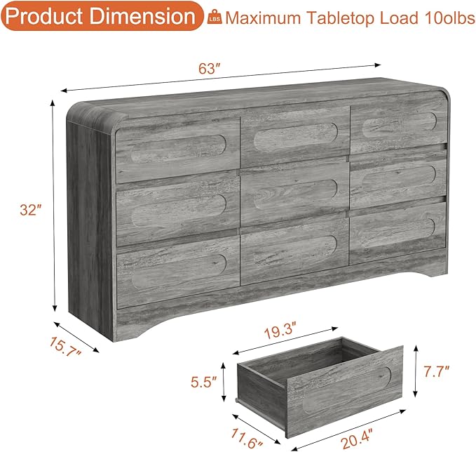 9 Drawer Dresser and Nightstand Sets for Bedroom, 3 Piece Bedroom Set, Wood 9 Drawer Dresser & Night Stand Set of 2, Large Chest of Drawers Modern Storage Cabinet Bedroom Furniture Set, Grey