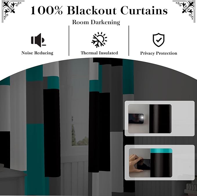 Teal/Turquoise 100% Blackout Curtains for Bedroom 108 inch Extra Long 2 Panels Set Black Grey Modern Abstract Geometric Black Out Curtains Room Darkening Window Drapes for Living Room, 52Wx108L