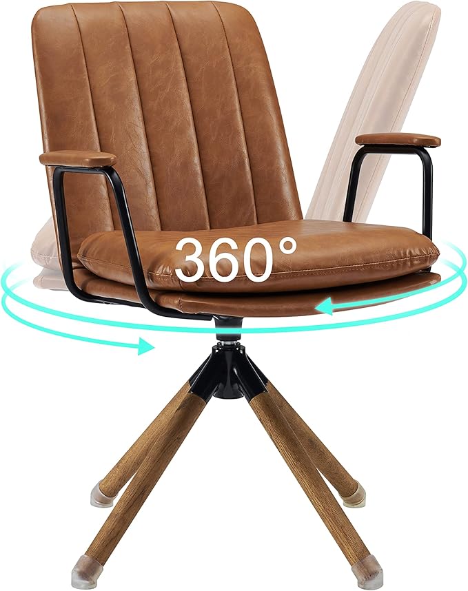 Art Leon Desk Chair No Wheels, Set of 2, Mid Century Modern Swivel Chair with Oak Wood Legs, Faux Leather Home Office Desk Chairs for Bedroom Living Room, Yellow Brown