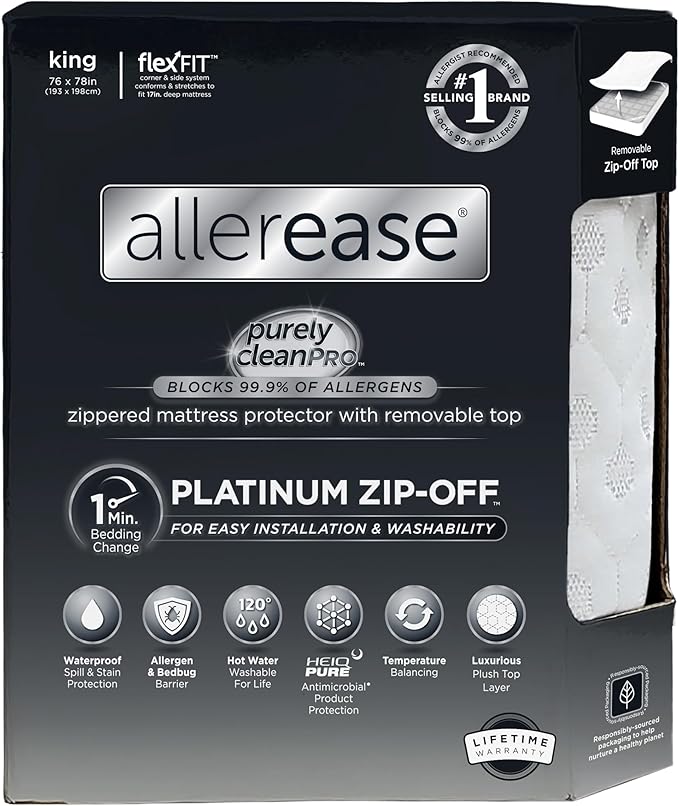 AllerEase Platinum Zip-Off Top Waterproof Mattress Protector King Size 360 Degree Zipper Allergen Barrier Temperature Balancing Luxurious Plush Top Separately Machine Washable Mattress Cover (White)
