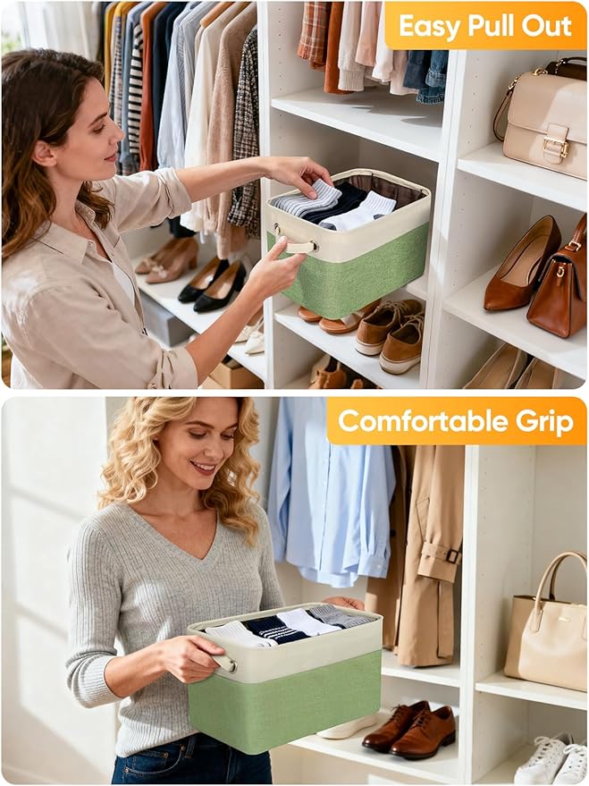 BALEINE 3 Pack Fabric Storage Bins for Shelves, Linen Storage Baskets for Organizing, Decorative Closet Bins for Clothes, Home (Green, 15''x11''x9.5'')